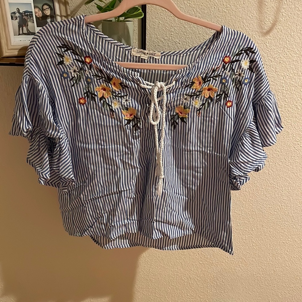 Stripe embroidered blue and white top
